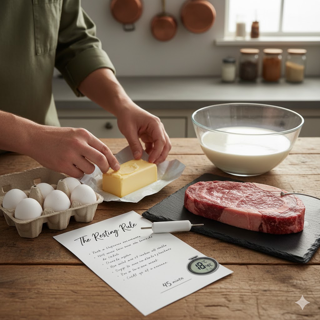 🌡️ سر “درجة الحرارة الغامضة”: متى يجب أن تترك المكونات خارج الثلاجة قبل البدء بالطهي (علم درجة حرارة الغرفة)